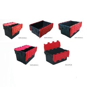 Red lid black base attached lid containers